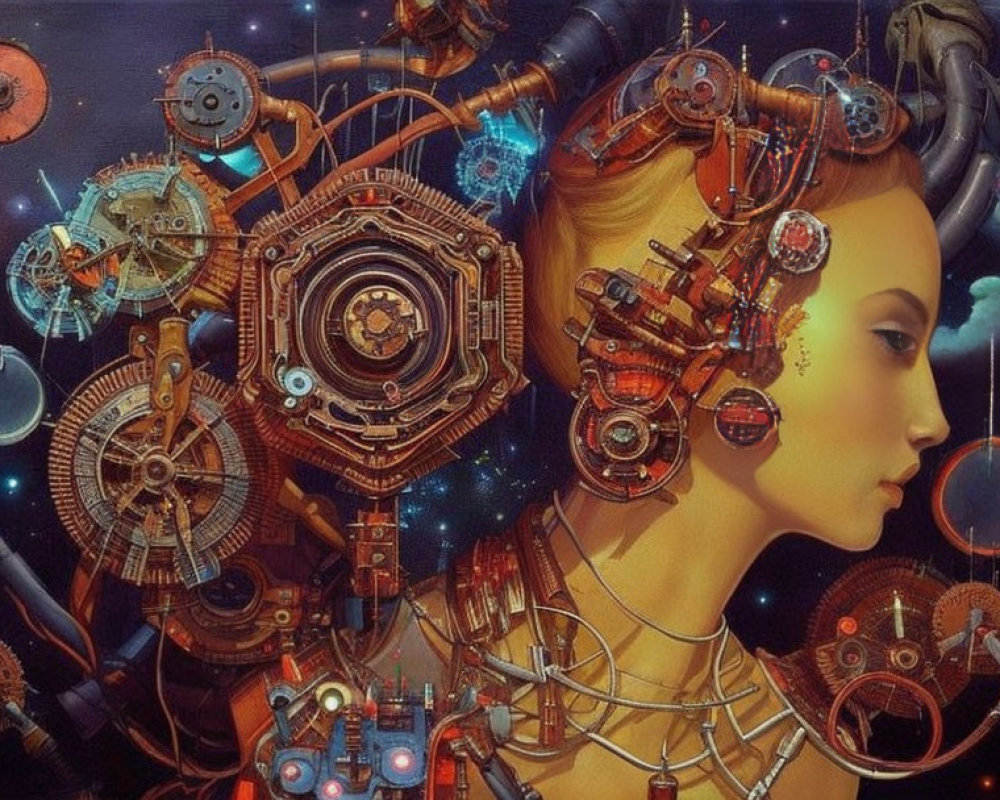 Surreal portrait of woman's profile with mechanical gears and cosmic elements on starry backdrop