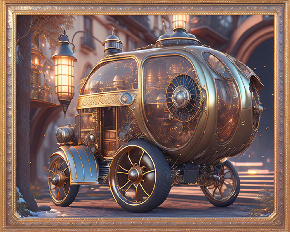 Steampunk-inspired vehicle with intricate metallic details on cobbled street at dusk