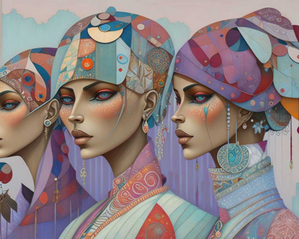 Vibrant portrayal of three women in colorful headdresses