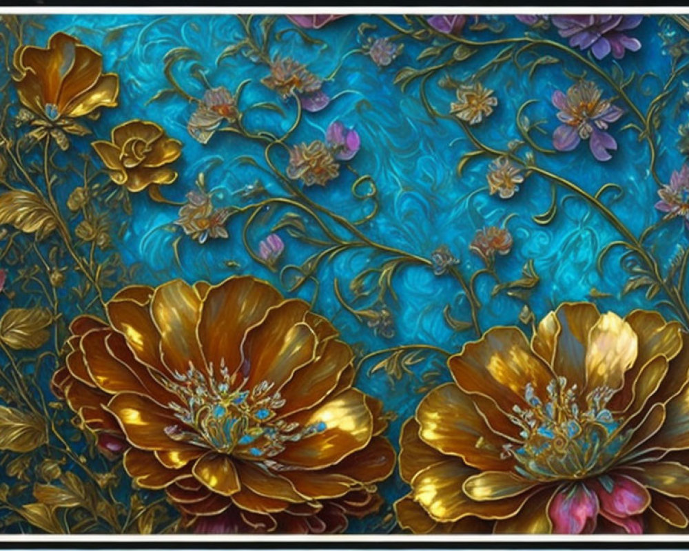 Floral painting with gold flowers on turquoise background