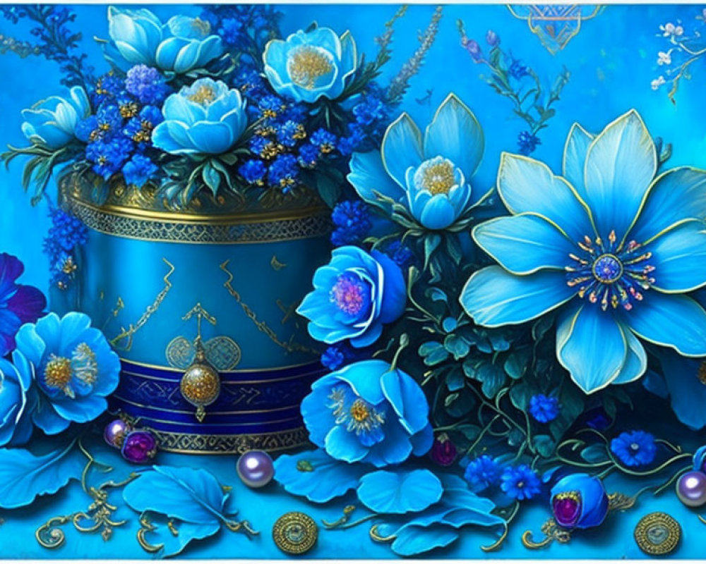 Blue Flowers, Jewelry, and Pearls on Deep Blue Background