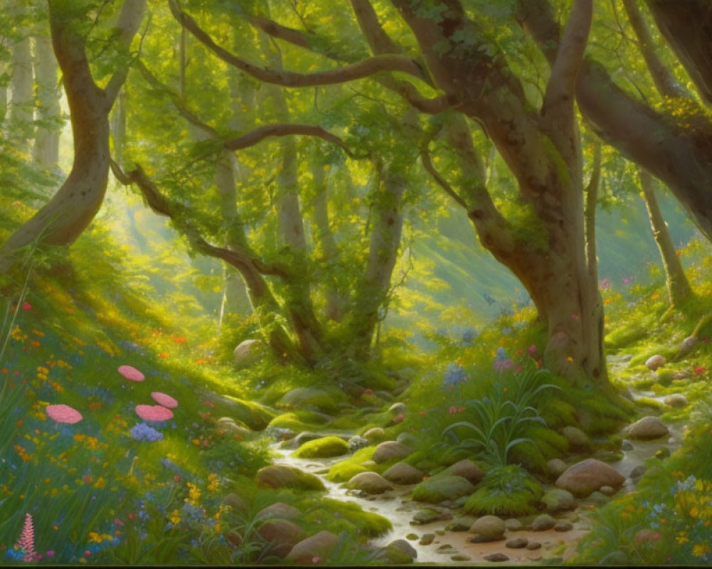 Lush forest scene with sunlight, mossy floor, wildflowers, ancient trees