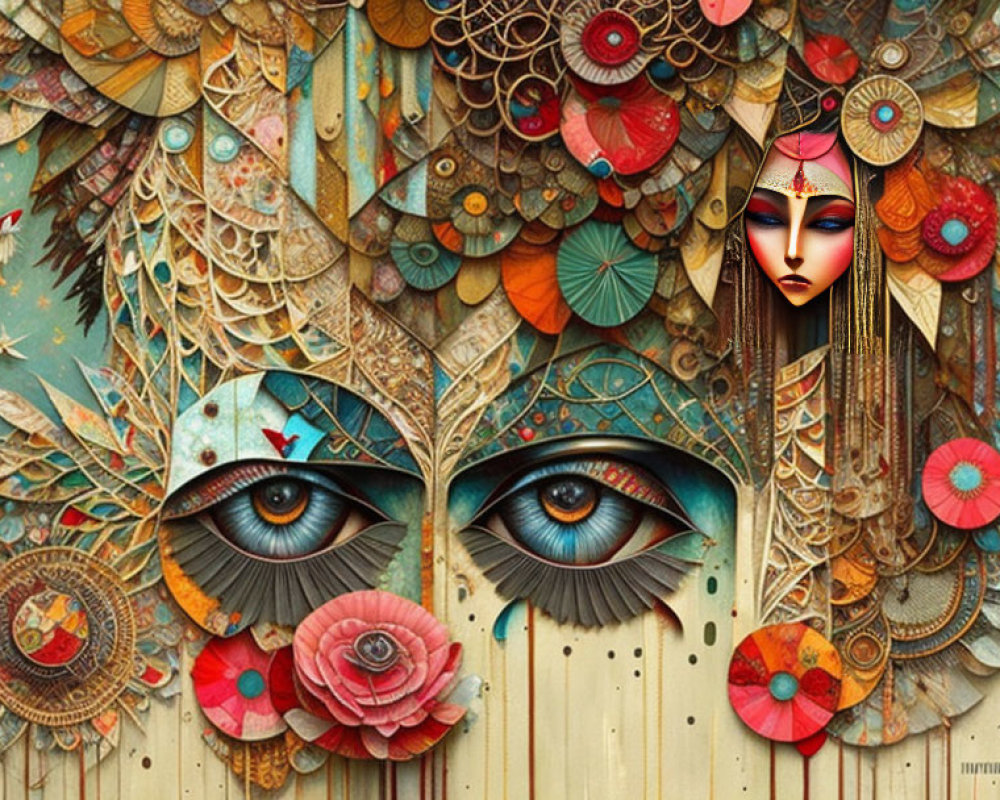 Abstract Human Face Artwork with Ornate Headdress and Decorative Elements