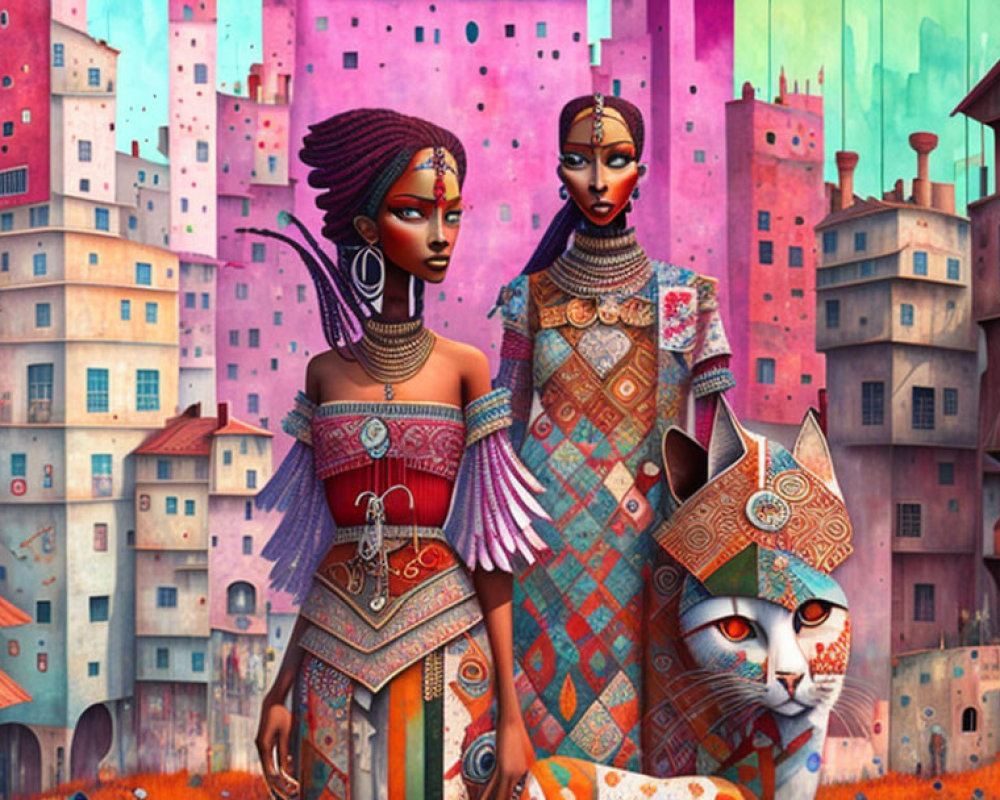 Stylized women in elaborate attire with large patterned cat in colorful cityscape