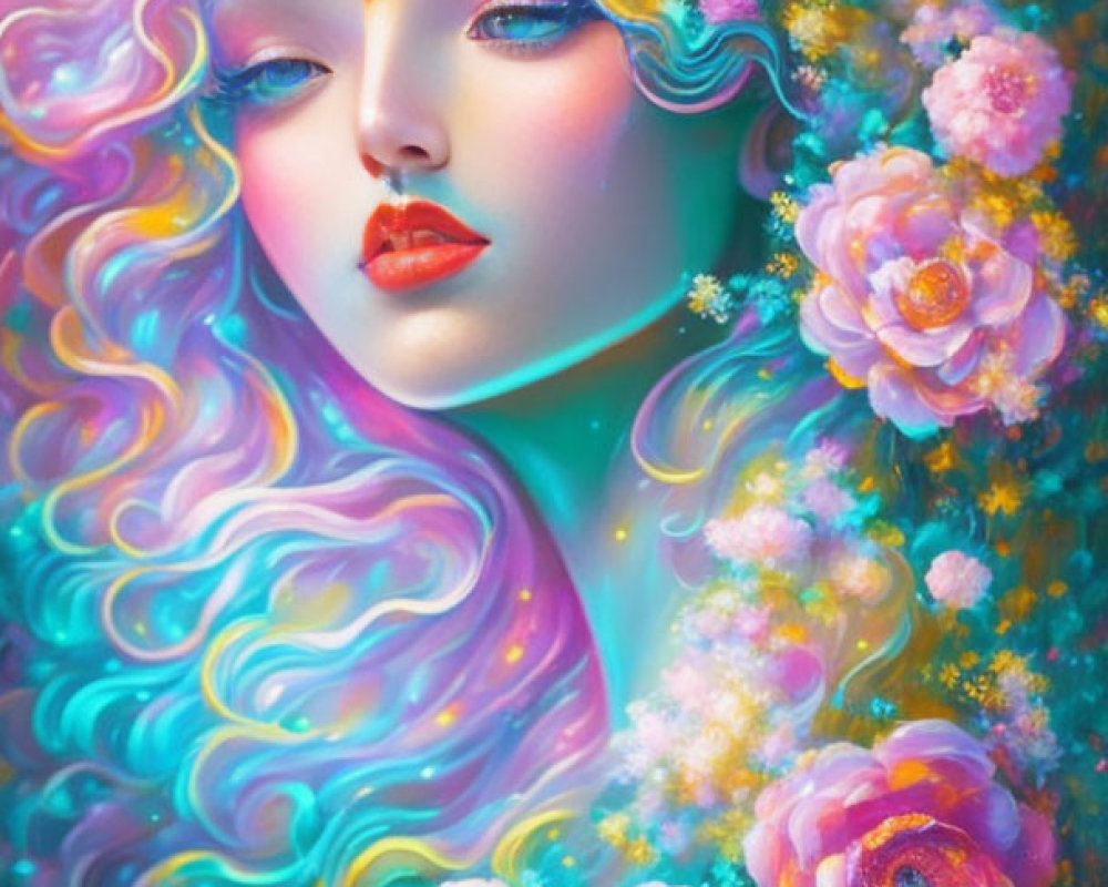 Colorful woman illustration with flowing hair and flowers in dreamlike style