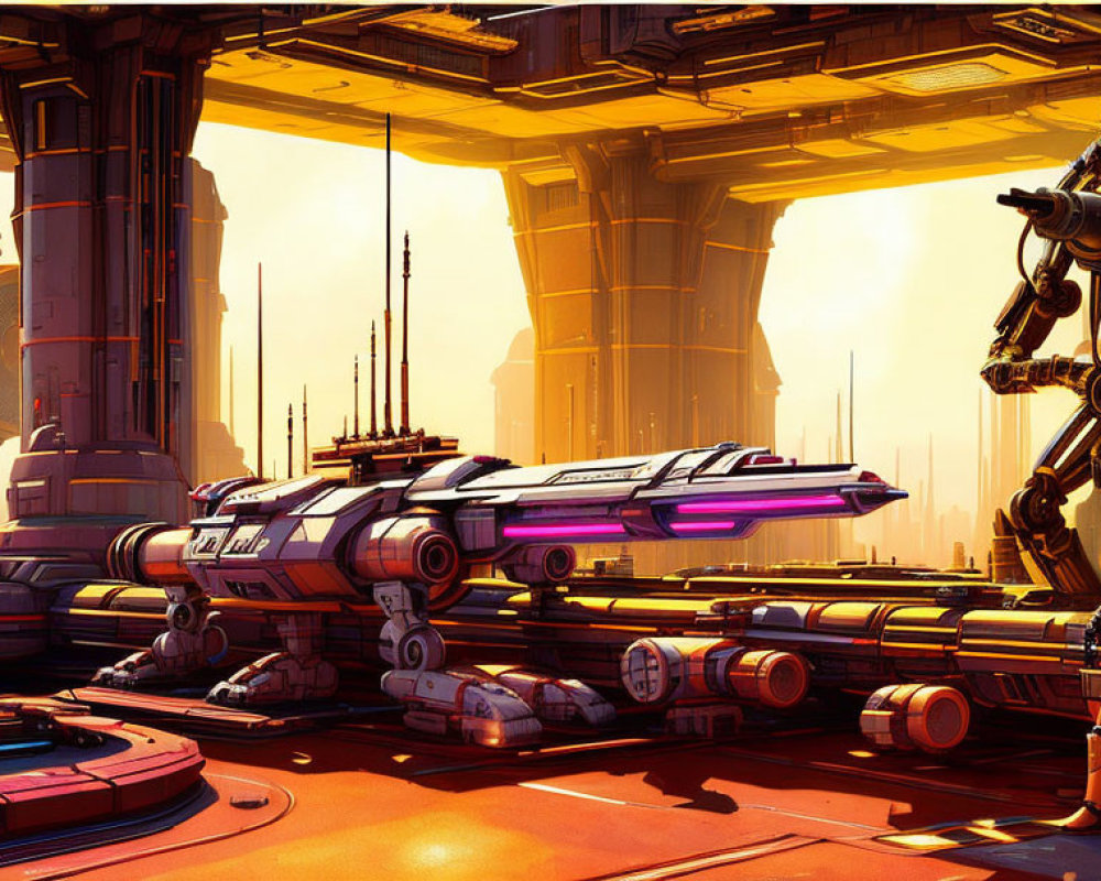 Futuristic sci-fi cityscape with stormtrooper and spacecraft