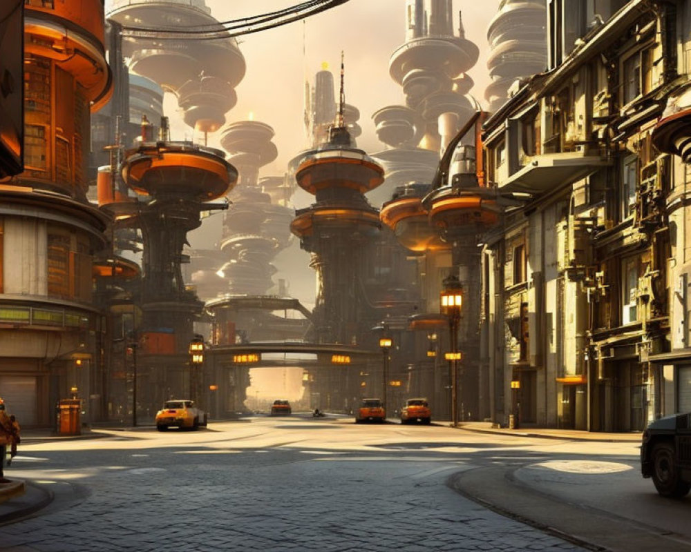 Futuristic cityscape with towering cylindrical structures and sunlit street scene