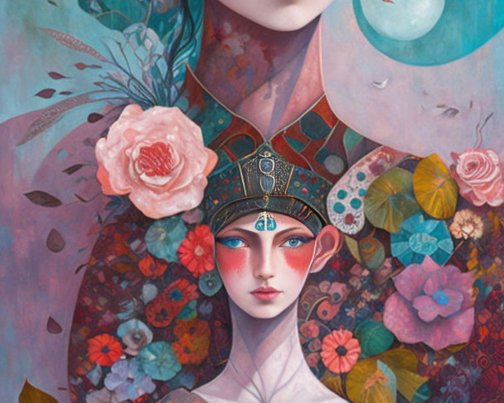 Digital artwork of two female figures with vibrant flowers and mystical aura