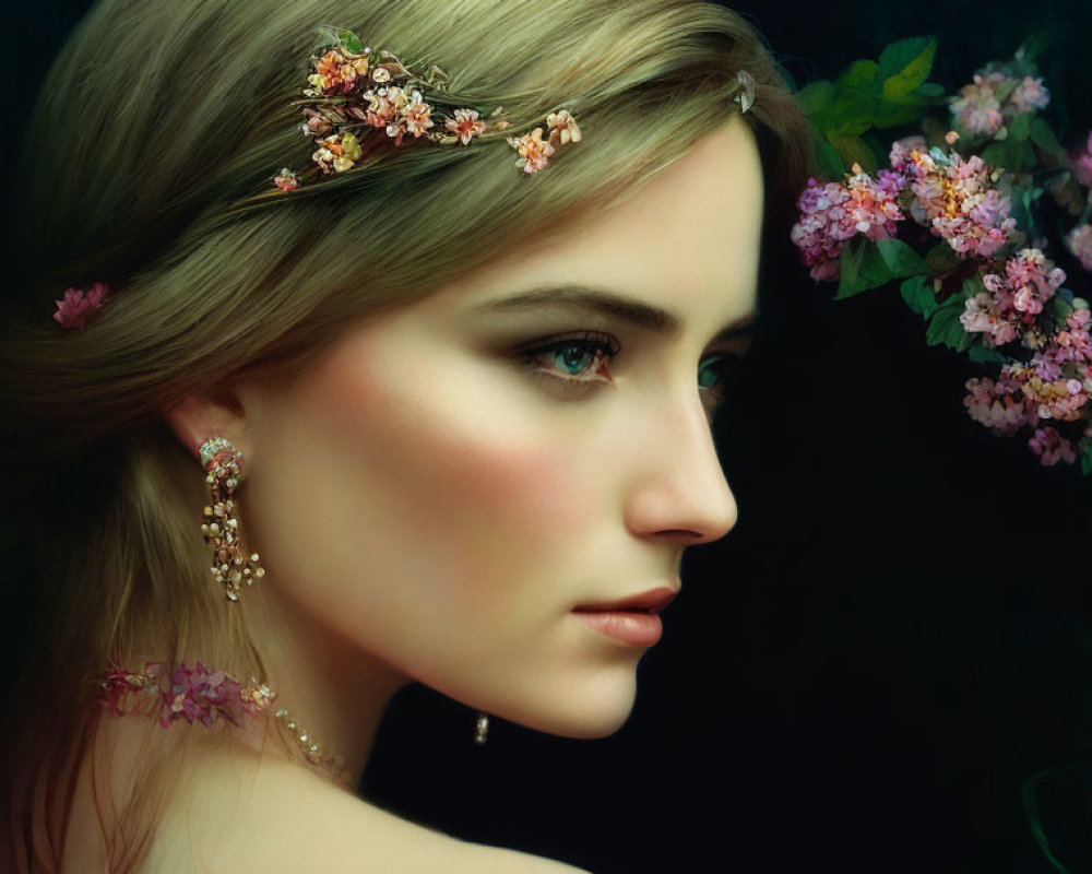 Woman portrait with floral hairpiece and earrings against blooming branch backdrop.