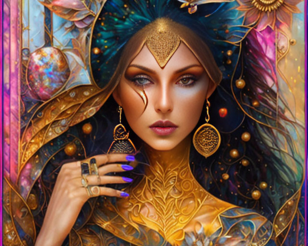 Cosmic Woman Portrait with Golden Ornaments & Celestial Motifs