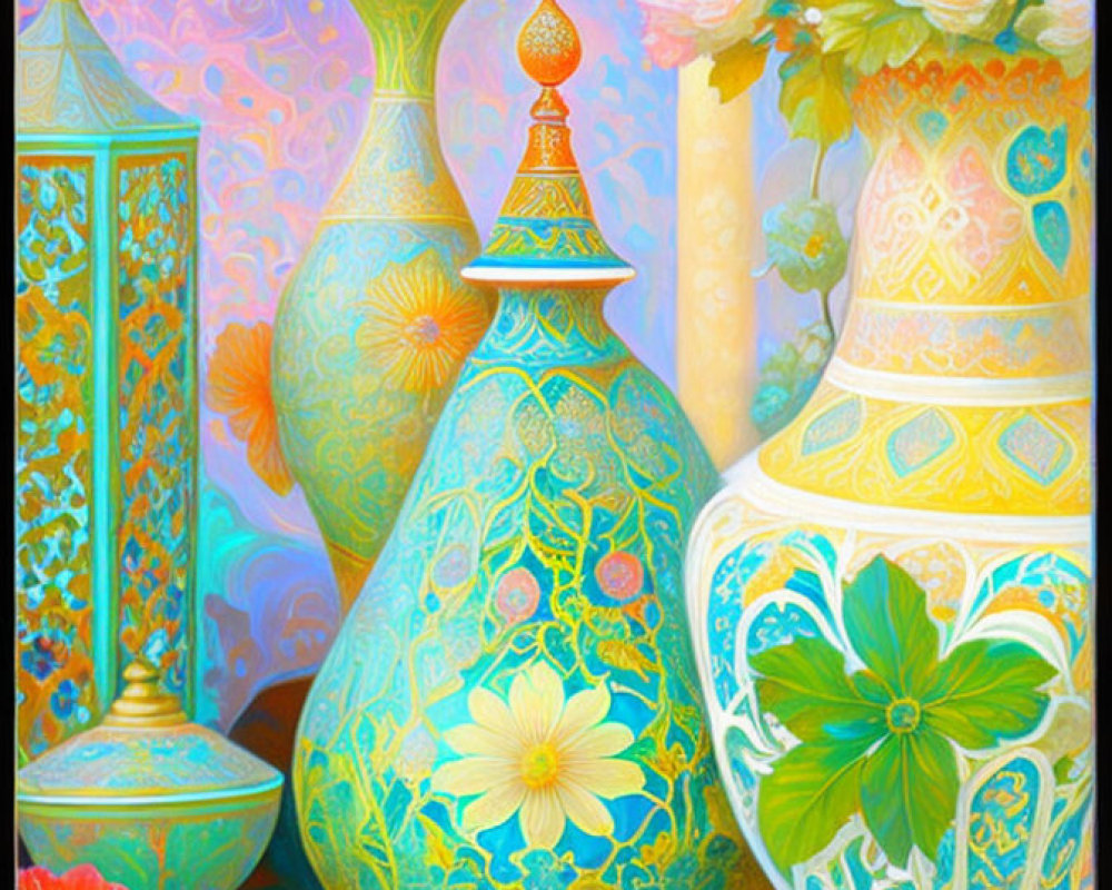 Colorful Intricate Patterned Vases Among Lush Flowers