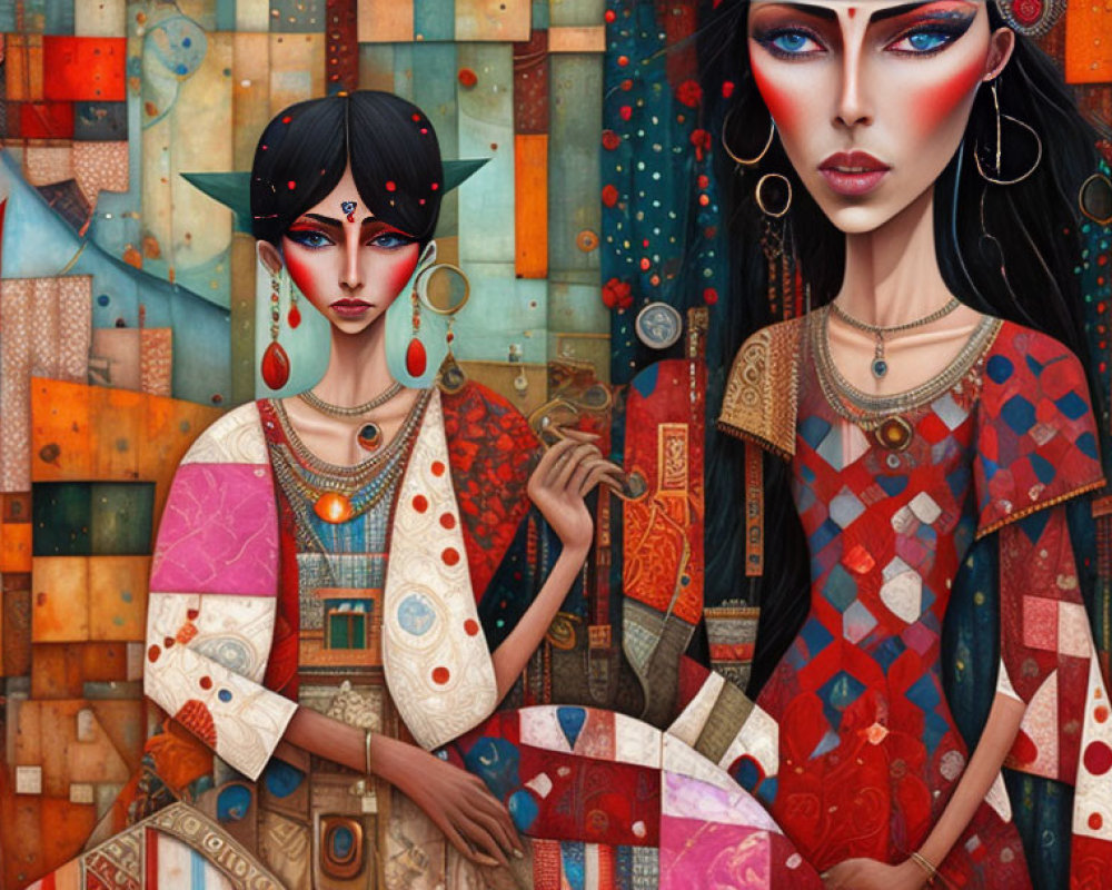 Stylized women with ethnic jewelry in colorful digital art