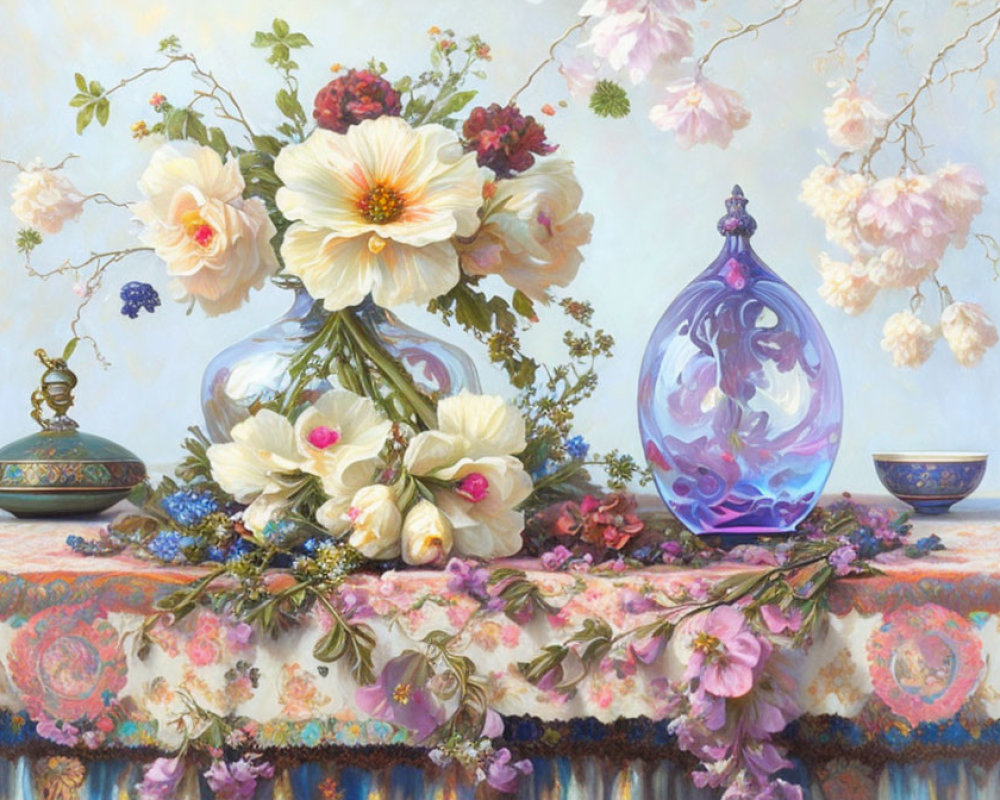 Colorful floral still-life painting with white and red blooms and ornate vessels