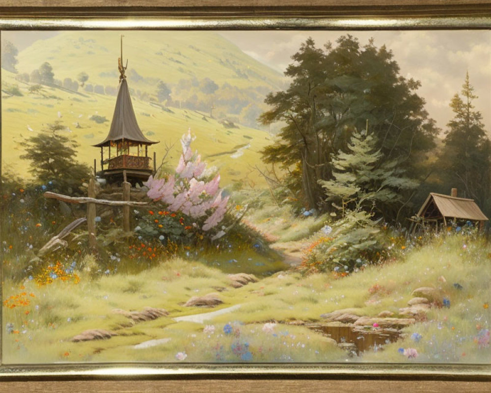Tranquil landscape with gazebo on hill, framed pastoral painting