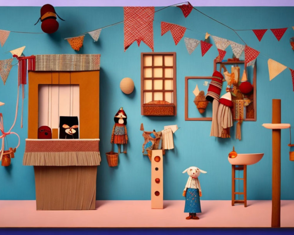 Colorful Paper Art Scene with Dog Character and Handcrafted Houses