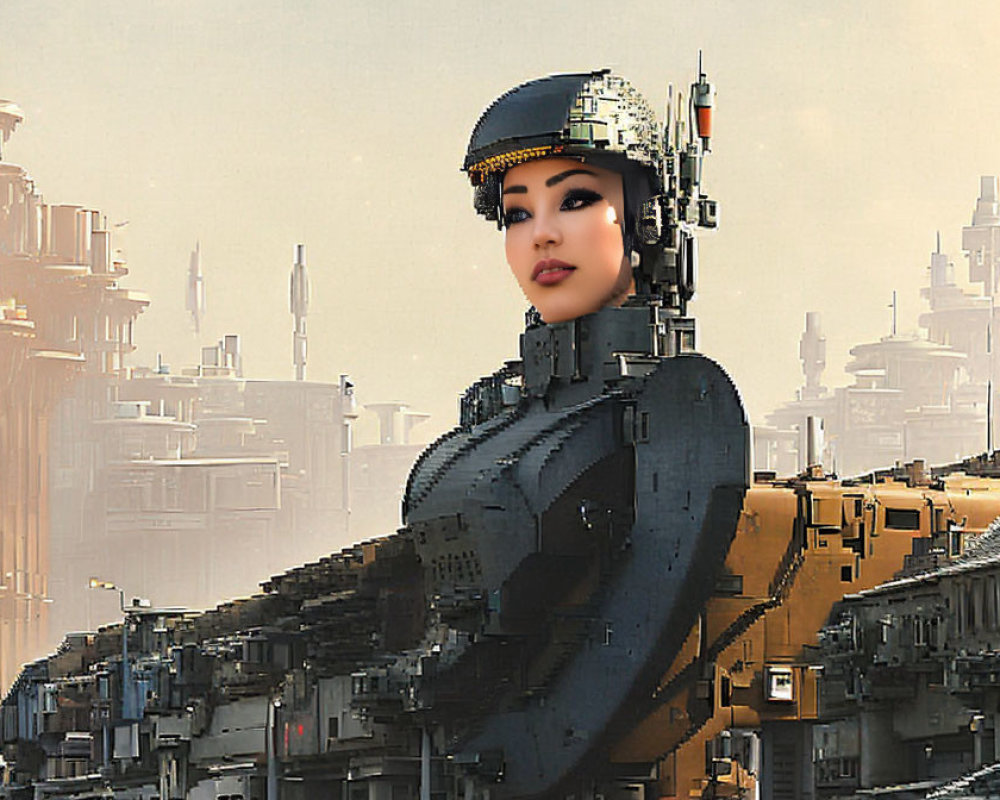 Digital artwork: Woman with cybernetic body in futuristic cityscape