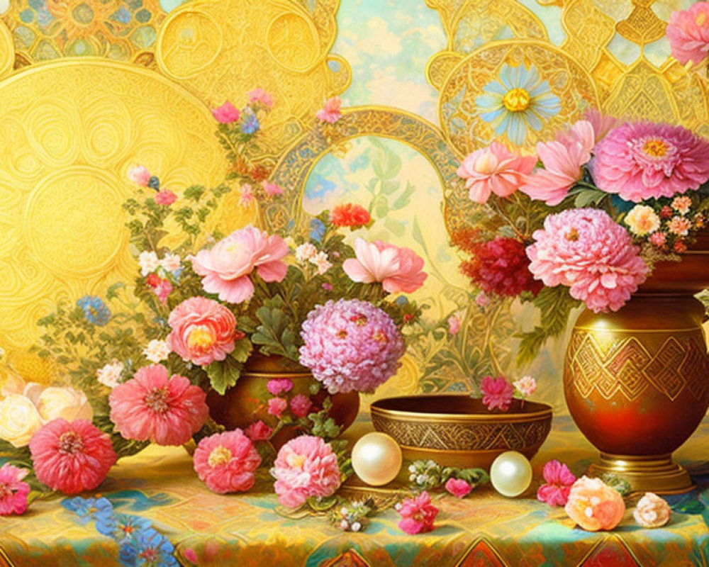 Colorful Flower Bouquet in Bronze Vase with Golden Disks on Patterned Background