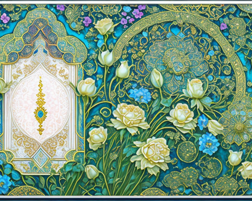Intricate Persian-inspired floral motif in blue, green, white, and gold