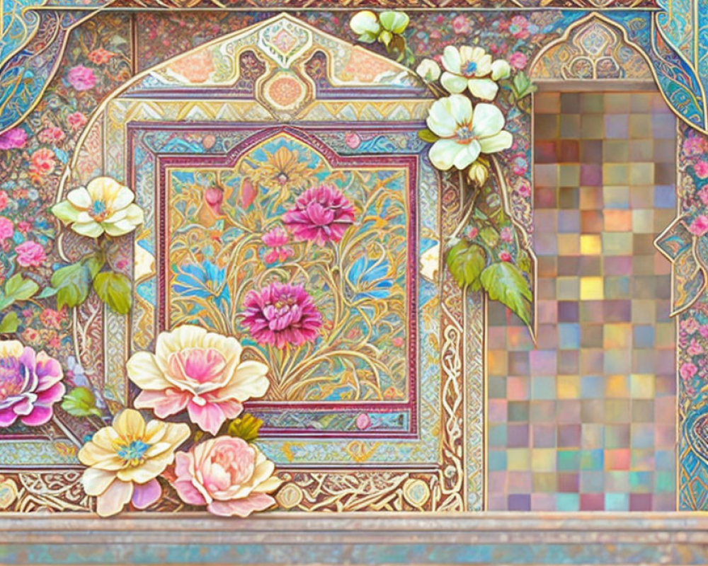 Vibrant floral and geometric mosaic with pixelation on the right side