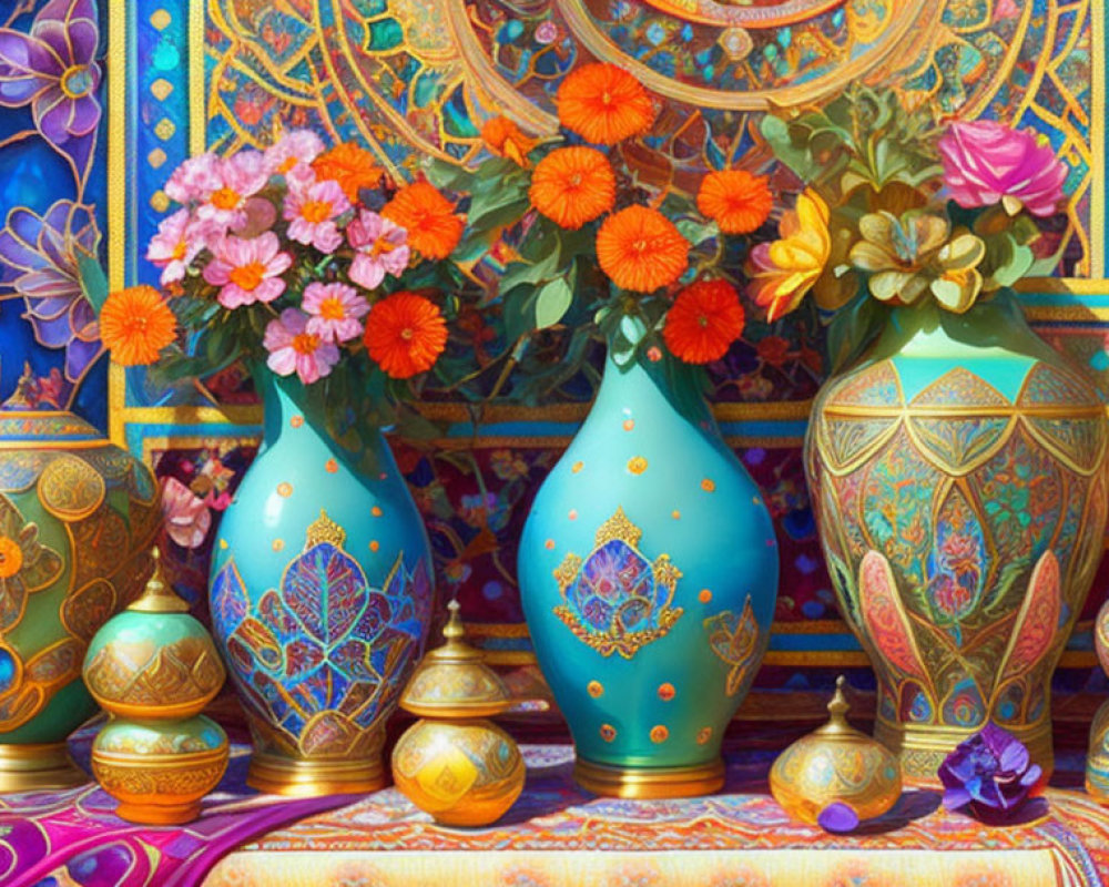 Vibrant ornate vases and bowls with intricate designs against vibrant tapestries and fresh flowers