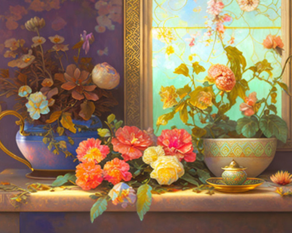 Classic Still Life Painting with Vase, Flowers, Bowl, and Blossoms