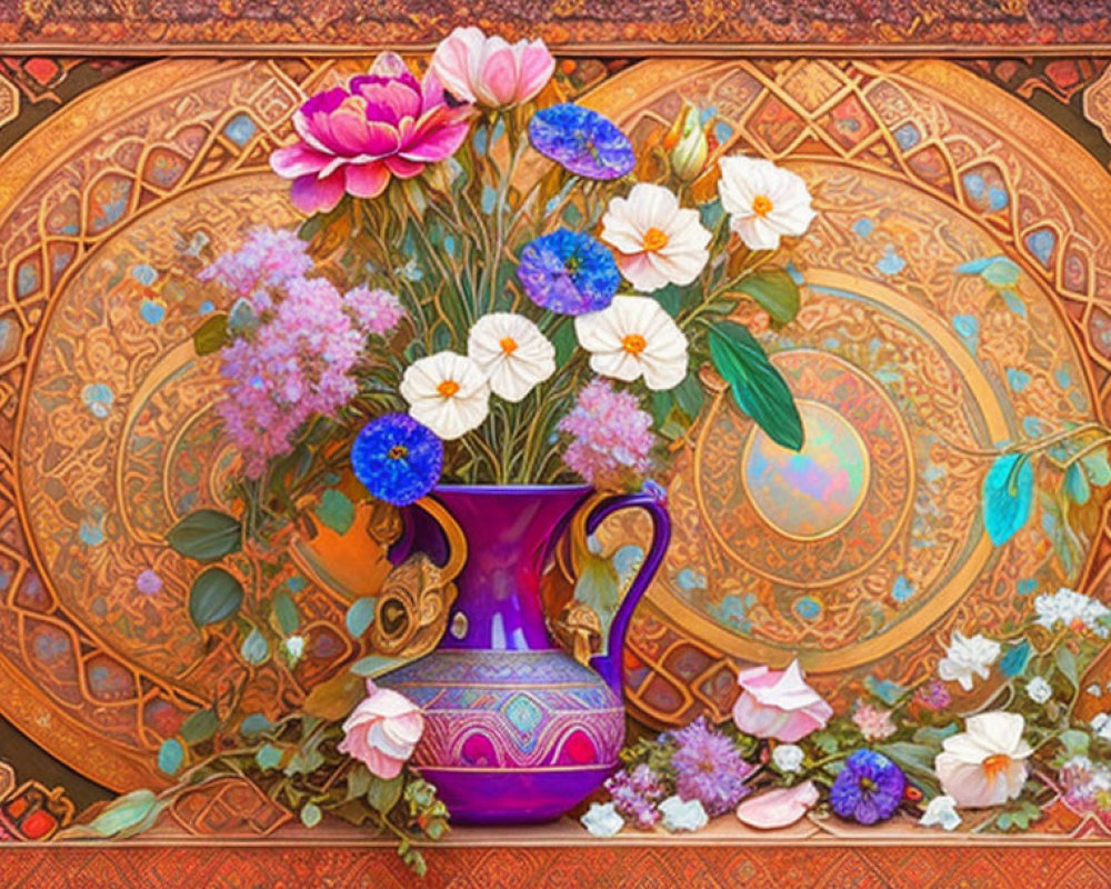 Colorful Flower Arrangement in Purple Vase on Ornamental Background