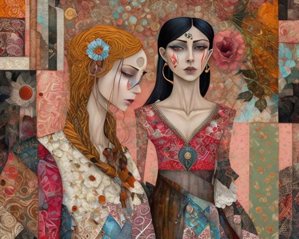 Stylized female figures in intricate attire on patchwork background