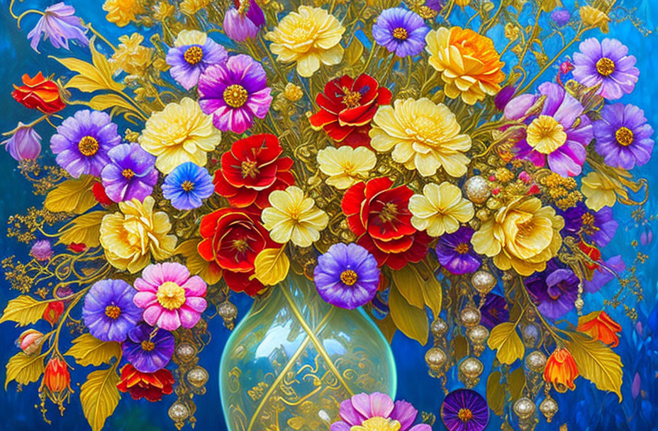 Multicolored Flowers in Decorative Vase on Blue Background