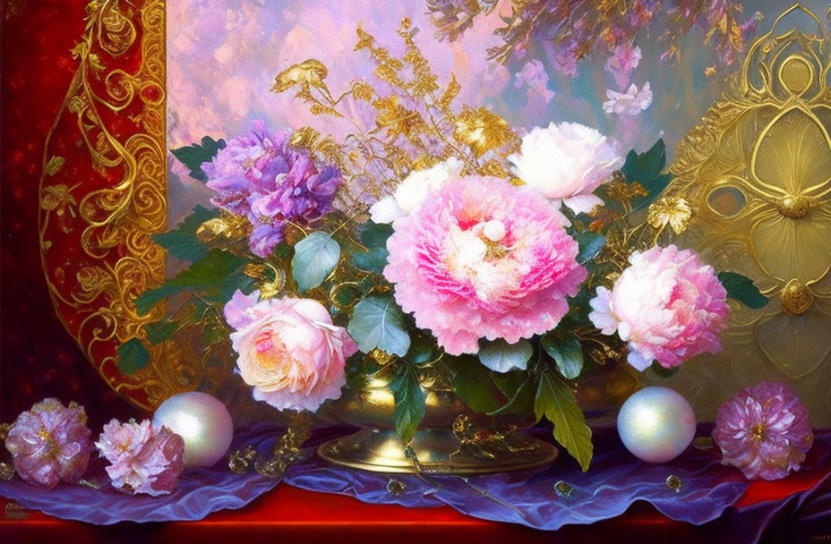 Colorful still life painting of pink and white peonies with pearls and gold on red background