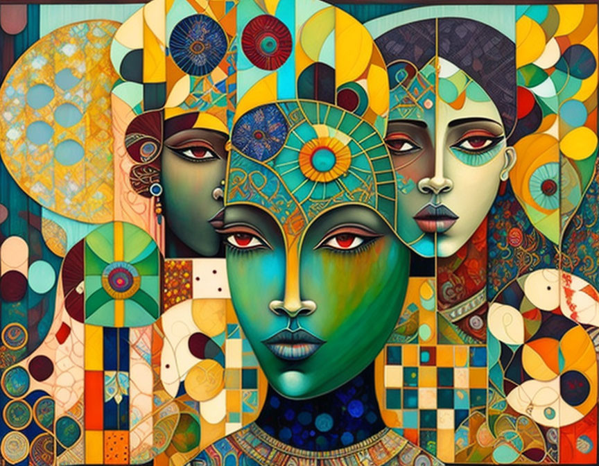 Colorful Stylized Faces Artwork with Geometric and Organic Patterns