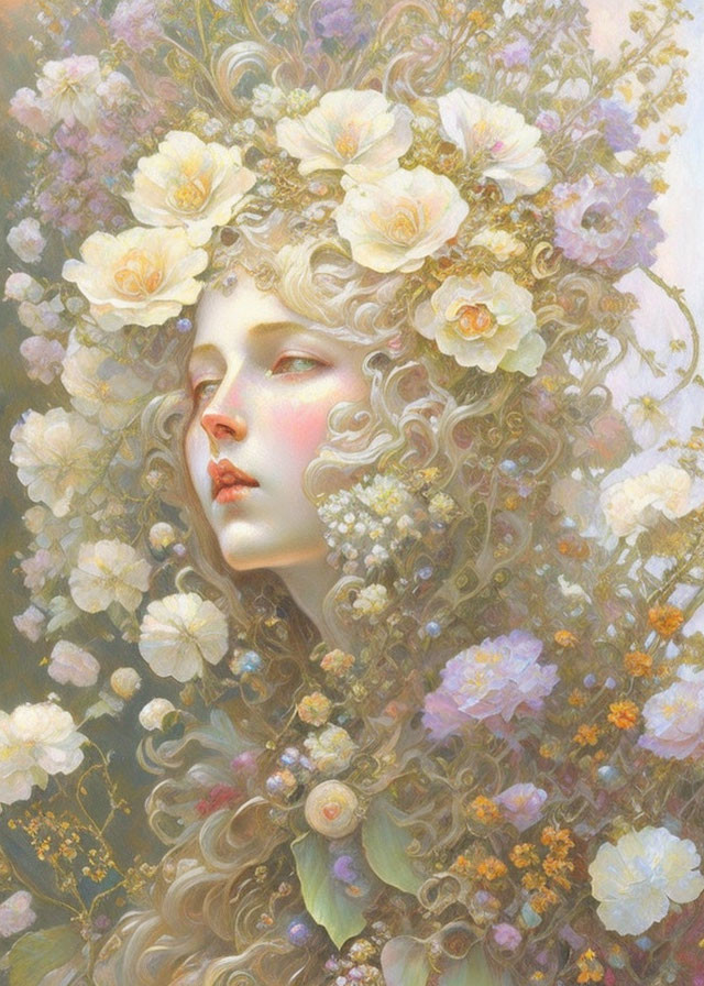 Ethereal portrait of a person with serene expression and floral crown