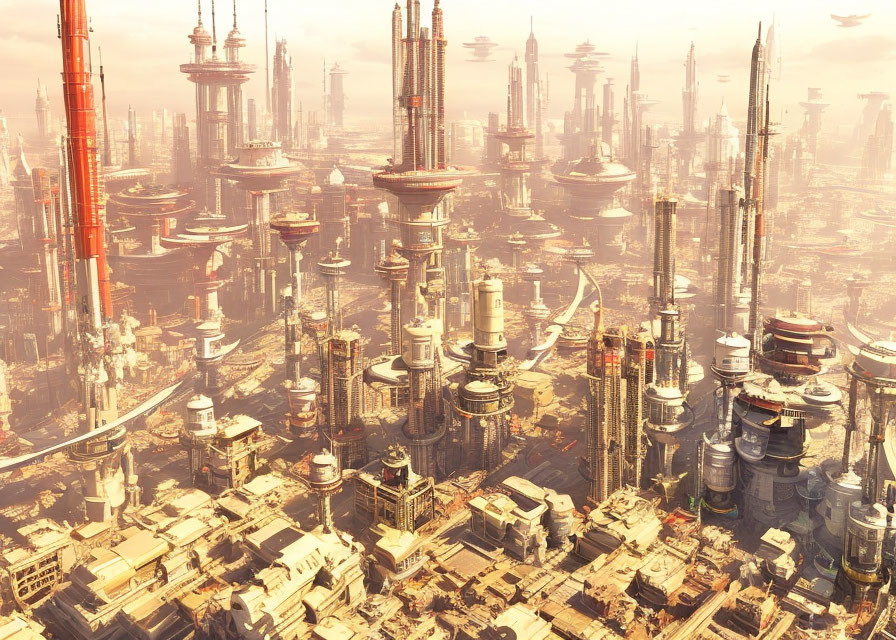 Futuristic cityscape with towering skyscrapers and warm hazy atmosphere