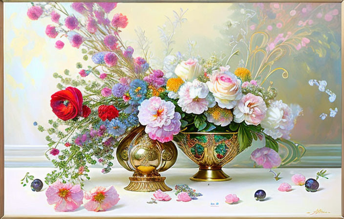 Colorful Flower Bouquet in Ornate Vase with Loose Petals and Berries