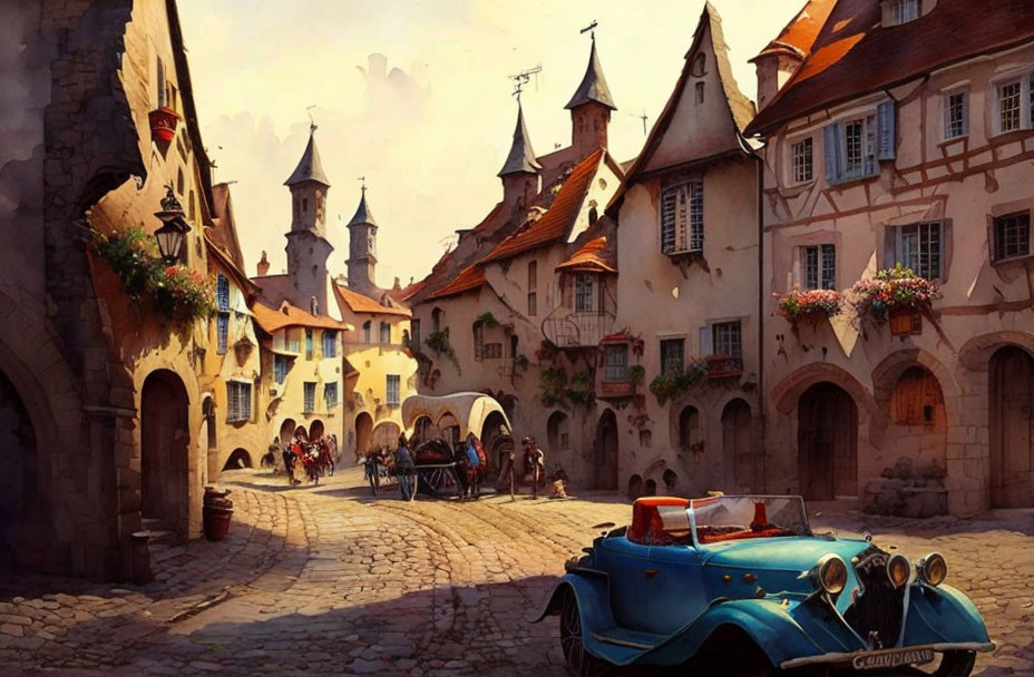 Historical European town scene with cobblestone street, half-timbered buildings, people,