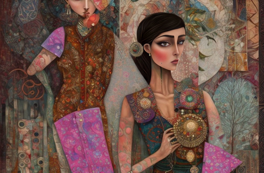 Digital Artwork: Two Women in Ethnic Attire with Ornate Designs