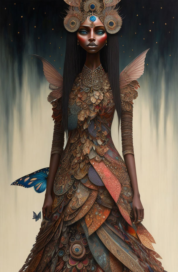 Ethereal woman in feather armor with butterfly in surreal setting