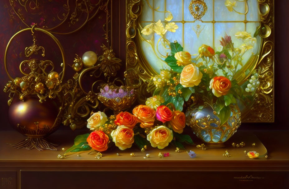 Vibrant yellow and peach roses in a still life painting with stained glass backdrop