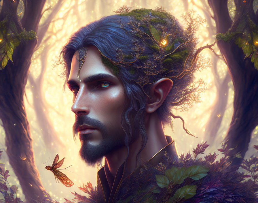 Fantasy character portrait with pointed ears, blue eyes, foliage hair, enchanted forest.