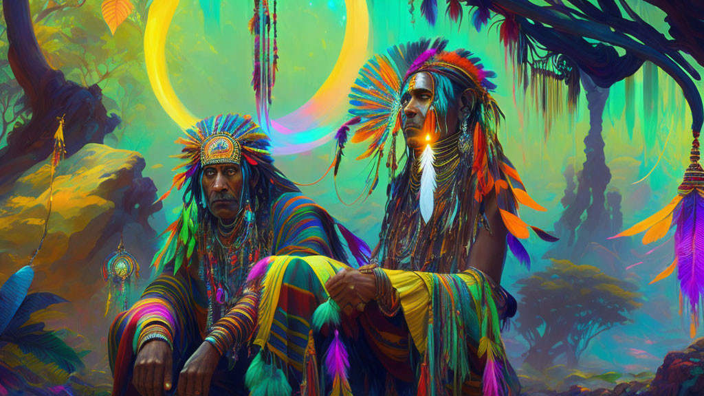 Native American figures in traditional headdresses in mystical forest artwork