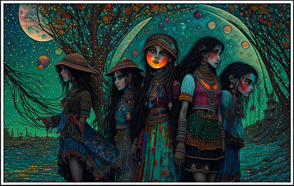 Ethereal women in traditional garb under moonlit sky