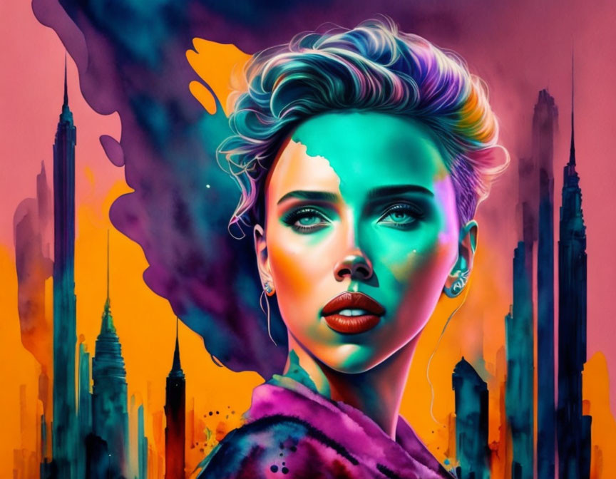Colorful hair woman in abstract city skyline digital art