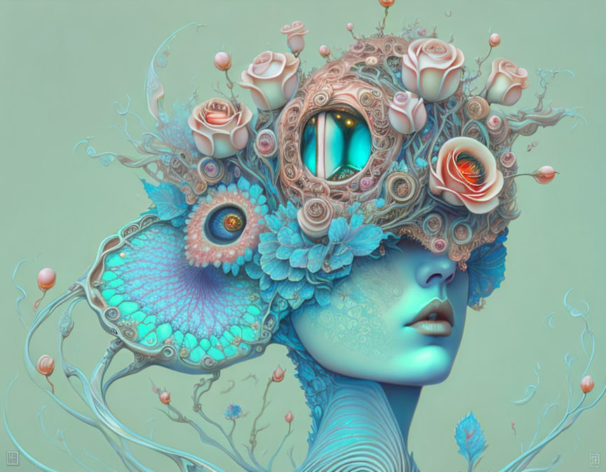 Illustration: Surreal female figure with floral and peacock feather adornments merging into turquoise skin