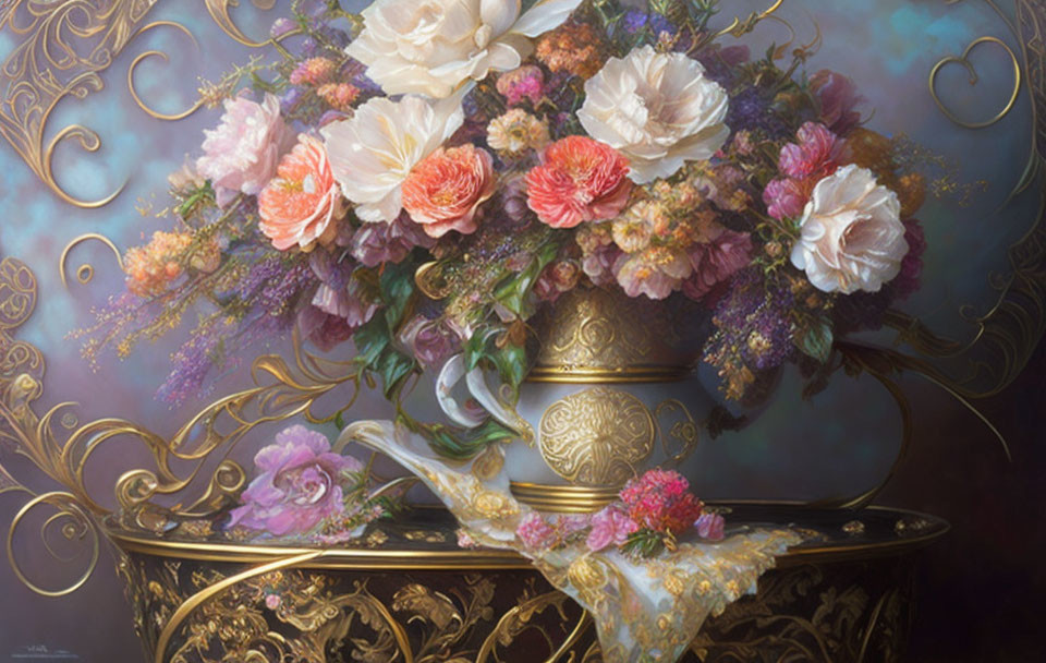 Gold-trimmed vase with pink, white, and purple flowers on blue background