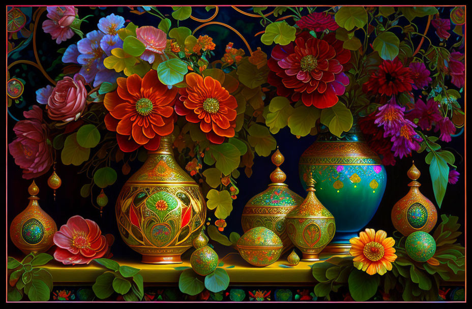Colorful Vases and Flowers Still-Life on Dark Background