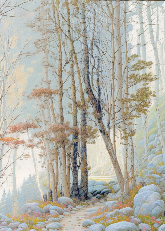 Tranquil landscape painting: birch tree trail with warm light