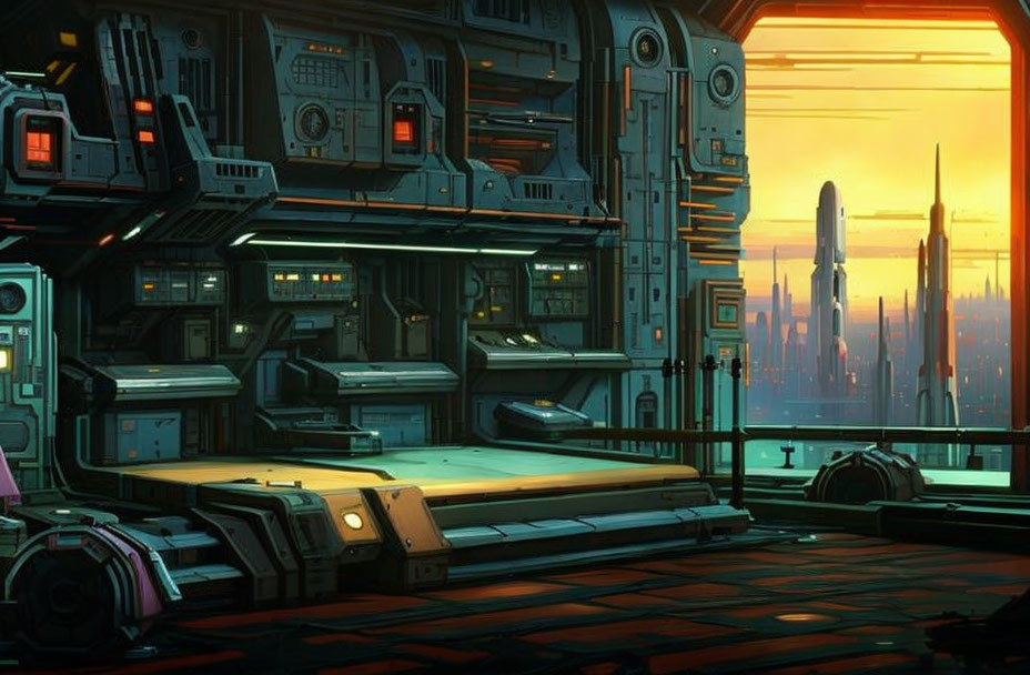 Futuristic room with control panels overlooking cityscape at sunset