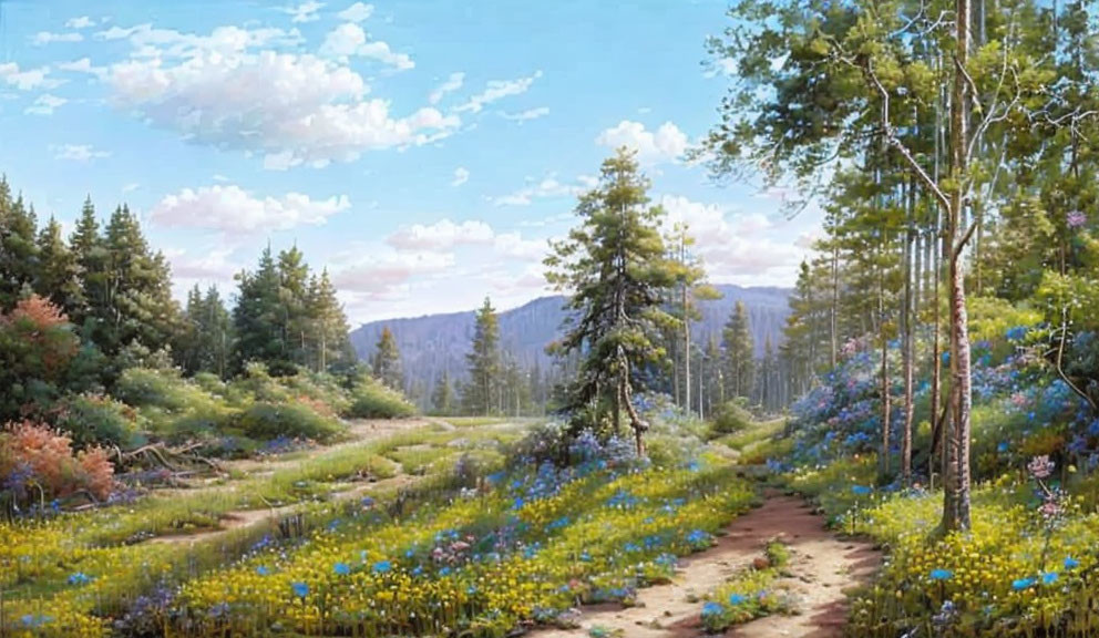 Tranquil forest scene with dirt path, wildflowers, tall trees, blue sky