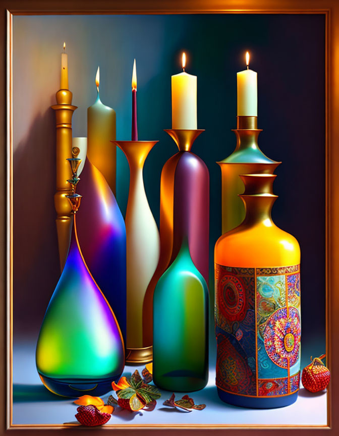Vibrant still life painting with bottles, candles, berries, and leaves