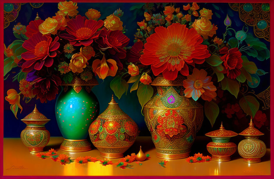 Colorful Still-Life Painting with Ornate Vases and Red-Orange Flowers