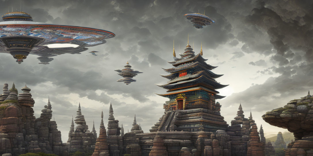  alien ship hovered over a mysterious temple